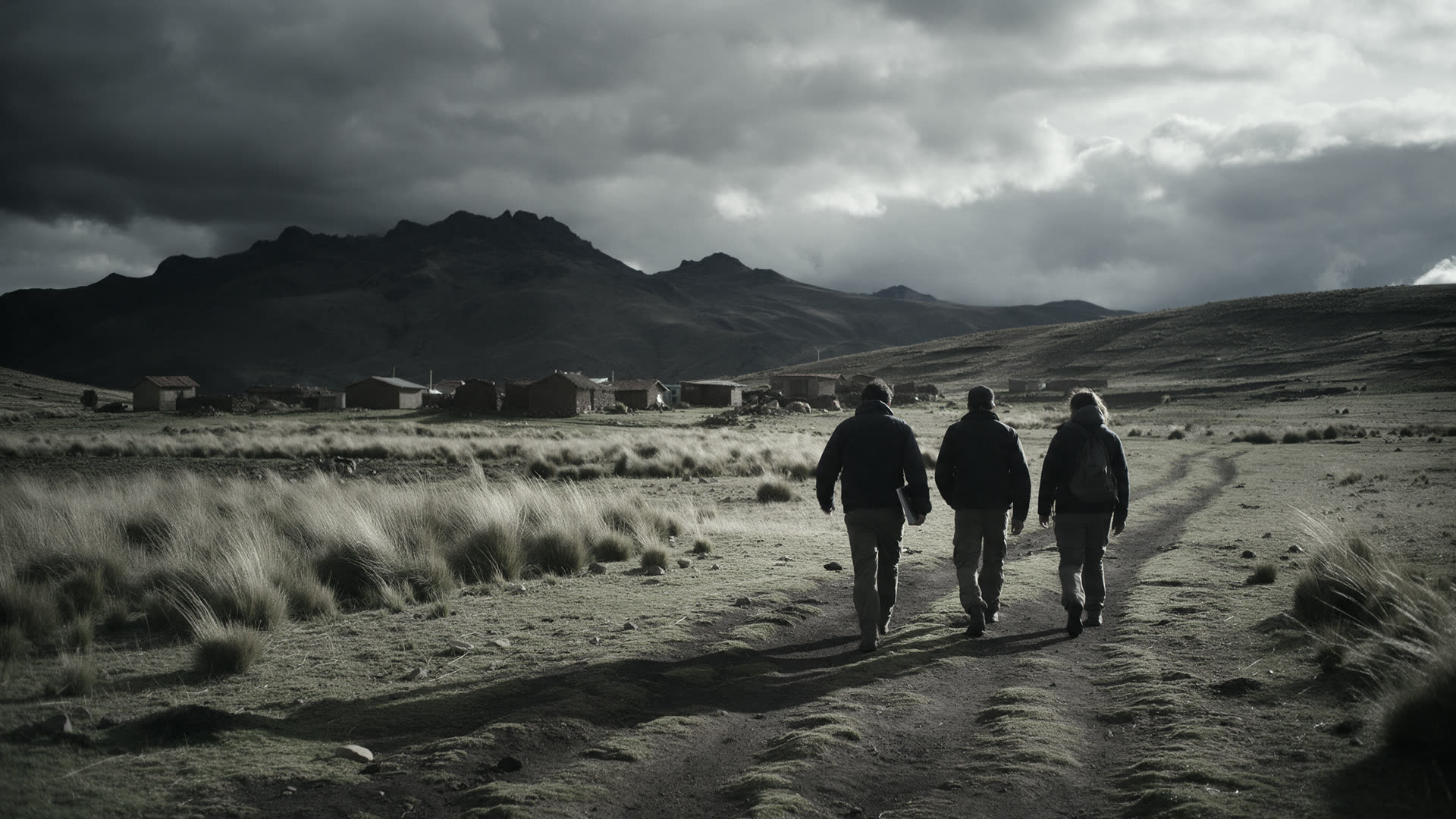 Tres personas del equipo caminan de espaldas por un camino de puna hacia un caserío.